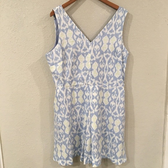 NEW Gap Women 20 Plus Dress Blue Geometric Tank‎ Mini 100% Linen Preppy V-Neck - Picture 1 of 12